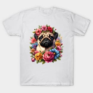 A pug decorated with beautiful colorful flowers. T-Shirt